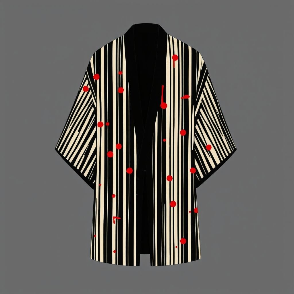 
Design a men's kimono with a futuristic, minimalist aesthetic. The kimono should feature vertical lines in varying widths and lengths, randomly placed across the fabric in red, creating a dynamic and fluid pattern. The base color should be black, with the red lines adding an energetic, yet balanced contrast. The design should evoke a modern and shamanic feel, blending tradition with innovation. The overall silhouette should be sleek, clean, and sophisticated, combining spiritual and futuristic elements."


Men's kimono with a sleek silhouette. Base color black, soft, luxurious fabric. Vertical lines in various widths and lengths, vibrant red, randomly scattered, creating a dynamic visual rhythm. Minimalist aesthetic, modern touches, shamanic inspiration. Clean lines, refined finish, exuding sophistication. Timeless elegance, merging tradition with cutting-edge design, transcending time.