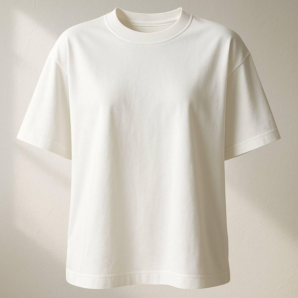 A premium women’s basic white colour crew neck t-shirt, oversized fit, made of first-class high-quality cotton fabric with a soft luxurious texture, short sleeves, minimal and elegant design. Ghost mannequin hollow man style photography, the t-shirt looks 3D as if worn by an invisible model, perfectly shaped and realistic fit. Photographed in natural daylight, clean background, ultra-detailed premium cotton fabric texture, hyperrealistic stitches, 3D/4D depth of field close-up, fashion e-commerce product photography aesthetic.
Classic fashion design: Women's white crew neck t-shirt. Oversized fit. Cotton, soft texture. Short sleeves. Minimal design. Clean silhouette. Ghost mannequin, natural daylight. Hyperrealistic stitches, detailed fabric. E-commerce aesthetic.