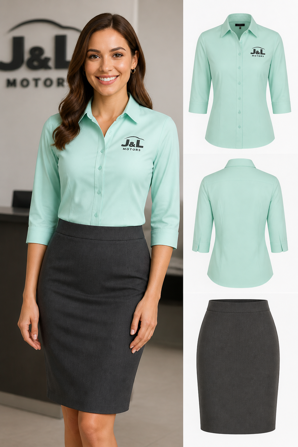 womens button-down quarter sleeve shirt in the color mint with J&L motors logo with charcoal gray suit skirt
womens button-down quarter sleeve shirt in the color mint with J&L motors logo with charcoal gray suit skirt