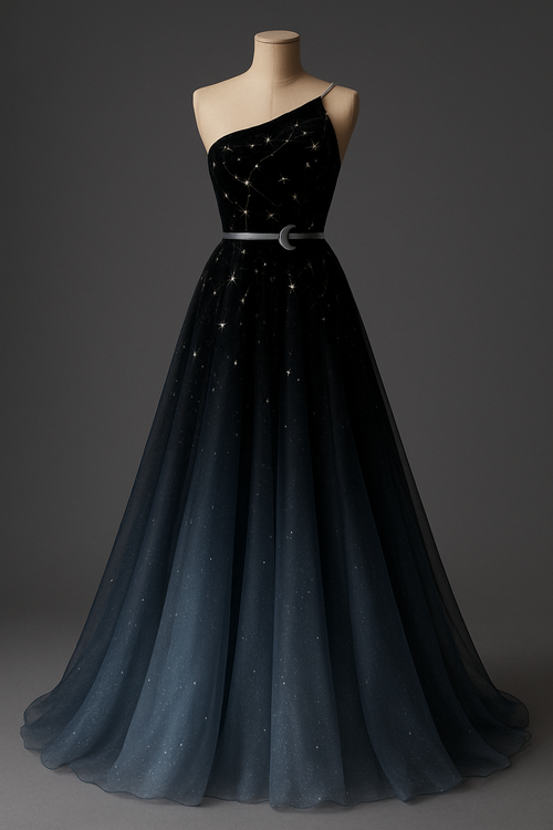 A luxurious haute-couture evening gown inspired by moonlight.
Black velvet fitted bodice with asymmetrical neckline (one shoulder bare, one wide embellished strap).
Silver metallic constellation-pattern detailing on the corset-style top.
Slim metallic silver belt with a small crescent-moon ornament.

Long A-line flowing skirt made of layered chiffon and organza, featuring a soft gradient from deep black to midnight blue to moonlit silver.
Light crystal accents scattered subtly across the top layer for a gentle shimmer.
Open back with a single thin silver line running down the spine.

Elegant, ethereal, feminine, and highly striking — a modern moon-goddess look.