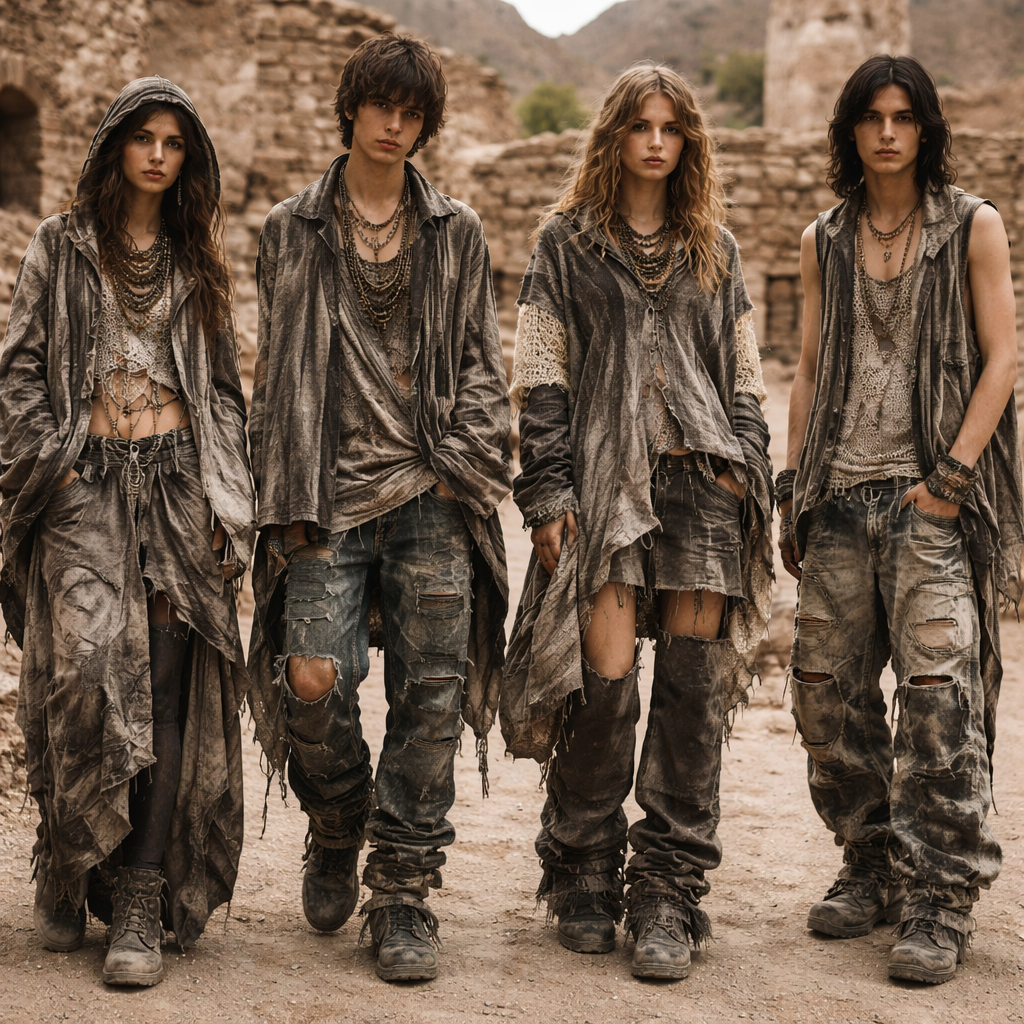 Coleccion inspirada en la ruina de los Quilmes, Tucuman, usando las lineas de las calles https://media.fashionai.com/55d68471-005c-4848-9681-c4a5550cd6b9-original.pngsinuosas como estampa, y en trama de crochet, tonos gris y tierras.
Grunge fashion design: Grunge collection inspired by Quilmes ruins. Flowing street lines as print, crochet textures. Loose, oversized fit. Distressed denim, ripped cotton. Muted grays, earthy browns, black. Layered, slouchy, worn-out aesthetic.