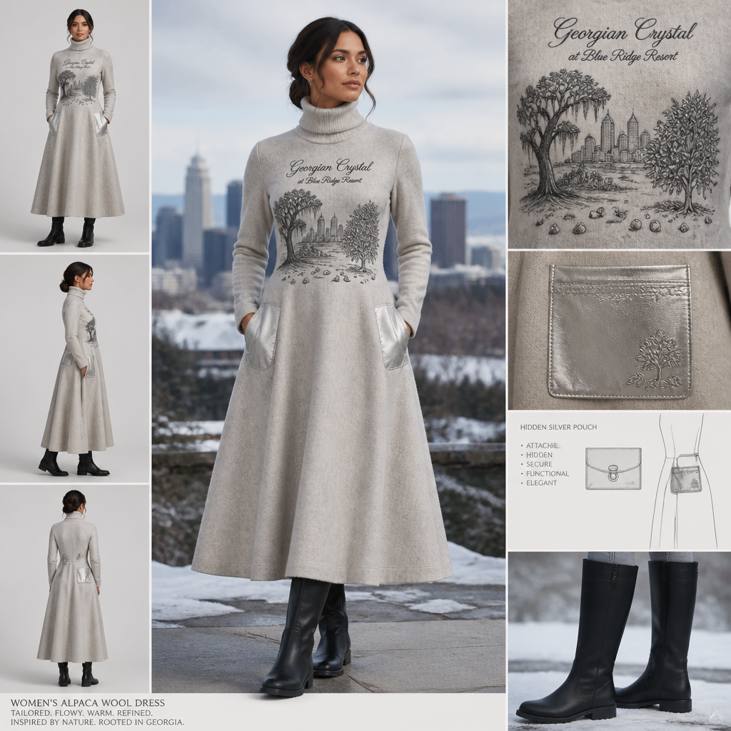 Moonlight silver warm turtleneck long-sleeve timeless elegance flowy tailored shin-length dress made of alpaca wool with cursive font embroidered "Georgian Crystal at Blue Ridge Resort" on front logo with black stitching, then add silver pockets. Make sure non-sheen pockets have silver stitching. Include an attachable hidden silver pouch to hold pens, a small pen pad, front office cordless phone, and front office keys. Large logo should include a black-stitched only Southern Live Oak Tree with Spanish Moss and Peach Trees with fallen peaches, influenced by the Atlanta skyline on the front chest area only, and The entire front chest logo size should be the size of a circular plate, including the resort name. Create a design for women in the front office only. Include black knee-high professional snow-grade flat boots for front office team members who may need to visit the outside grounds of the resort in the snow. No laces on boots.
Women's alpaca wool, tailored, shin-length dress, warm turtleneck. Flowy silhouette. Embroidered cursive "Georgian Crystal at Blue Ridge Resort" with black stitching. Black-stitched Southern Live Oak Tree, Spanish Moss, and Peach trees with fallen peaches, influenced by the Atlanta skyline on front chest. Silver pockets with silver stitching. Attachabe hidden silver pouch. Black knee-high, flat, no-lace, snow-grade boots.