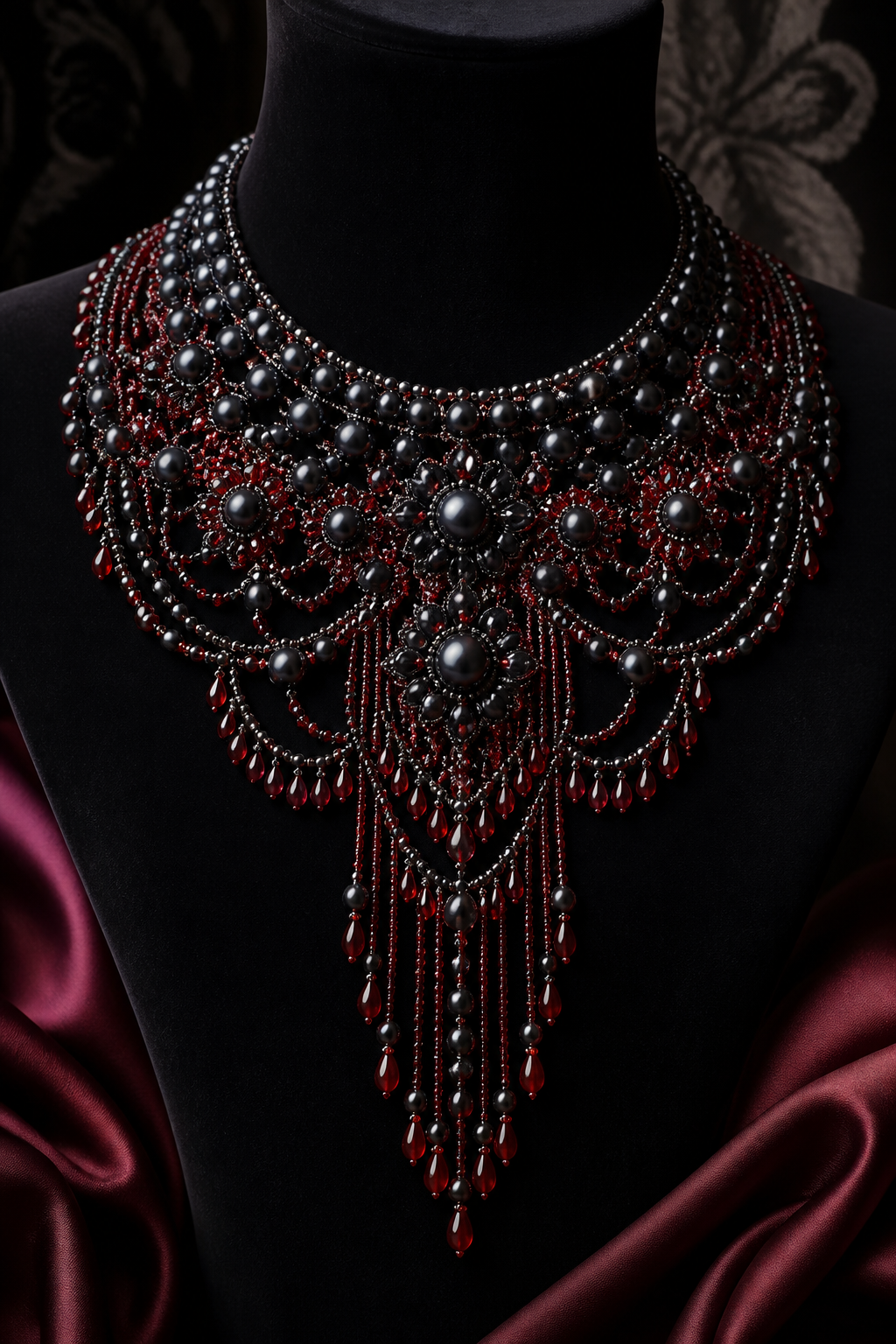 Black pearl necklace with red beaded fringes
Haute Couture fashion design: Haute Couture intricate black pearl necklace with red beaded fringes, designed to drape elegantly, showcasing meticulous hand-applied details and a refined, luxurious finish.