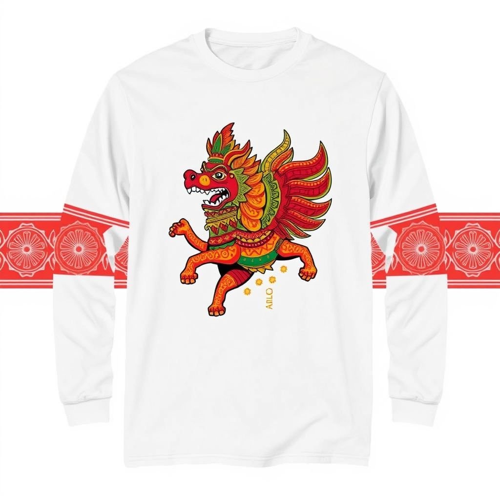 baju kaos pria lengan panjang berisi gambar barong bali
Men's long-sleeved t-shirt featuring a vibrant Barong Bali graphic. Bold colors of red, gold, and green highlight intricate patterns. Soft, breathable fabric with a relaxed fit. Round neckline complements casual aesthetic. Artful placement of the Barong design creates a striking focal point, blending traditional Balinese artistry with contemporary streetwear influence.