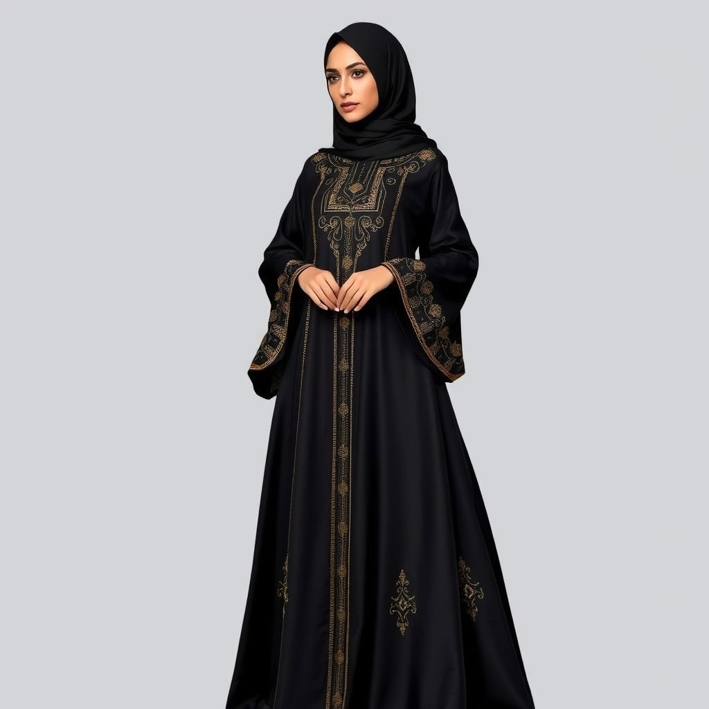 Black Arab Women's Abaya Design
Luxurious black silk abaya, flowing silhouette draping elegantly to the ankles. Intricate gold embroidery tracing the seams, delicate geometric patterns reflecting traditional artistry. Long, billowing sleeves adorned with subtle beadwork, catching the light. Dark, modest hijab complements the ensemble. A striking fusion of cultural heritage and modern sophistication, exuding grace and confidence.
