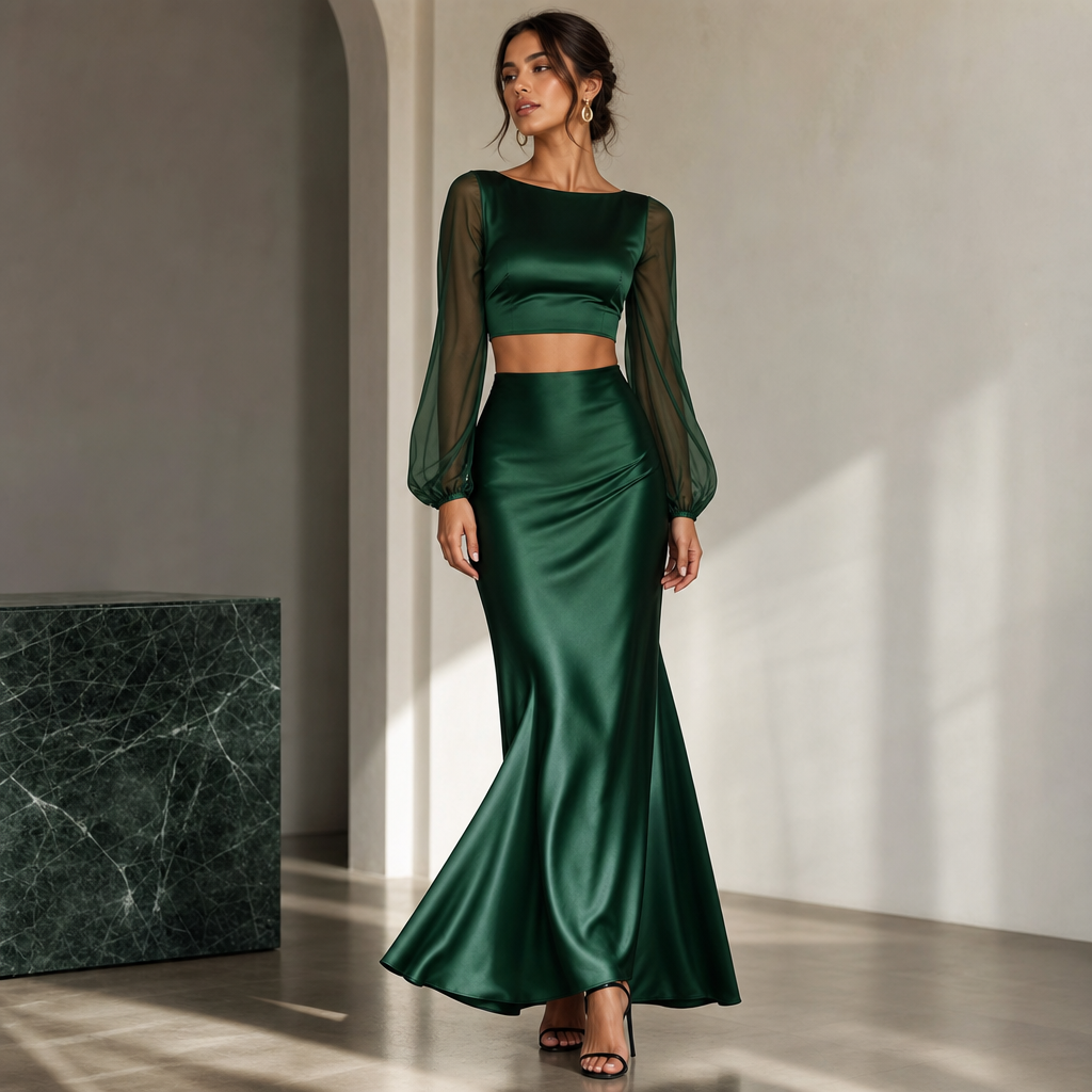 Long sleeve emerald green satin crop top with see thru sleeves. Long emerald green satin skirt. Black high heel.
Contemporary fashion design: Emerald green satin crop top with full length sheer sleeves. Paired with a matching emerald green satin maxi skirt. Sleek silhouette, fluid drape, and a minimalist fit. Black high heels complete the modern, refined look.
