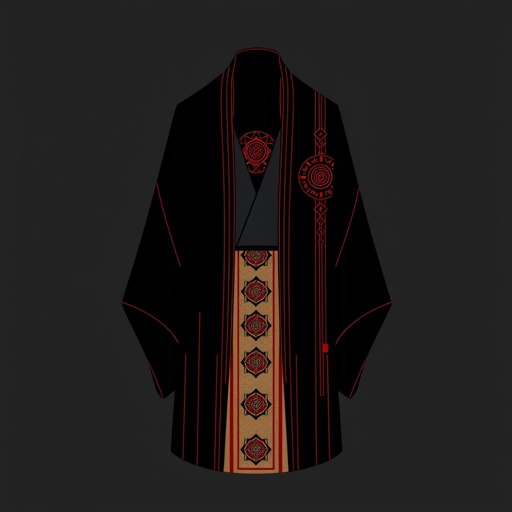 Design a men's kimono with a futuristic, minimalist aesthetic. Incorporate vertical lines and subtle red accents for contrast, creating a sleek, modern look. The kimono should have a shamanic, futuristic vibe, blending geometric shapes and spiritual symbolism. The base color should be black, with the red accents adding a sophisticated touch of color and depth. The design should evoke both tradition and innovation, combining ancient spiritual elements with a cutting-edge, technological feel."

