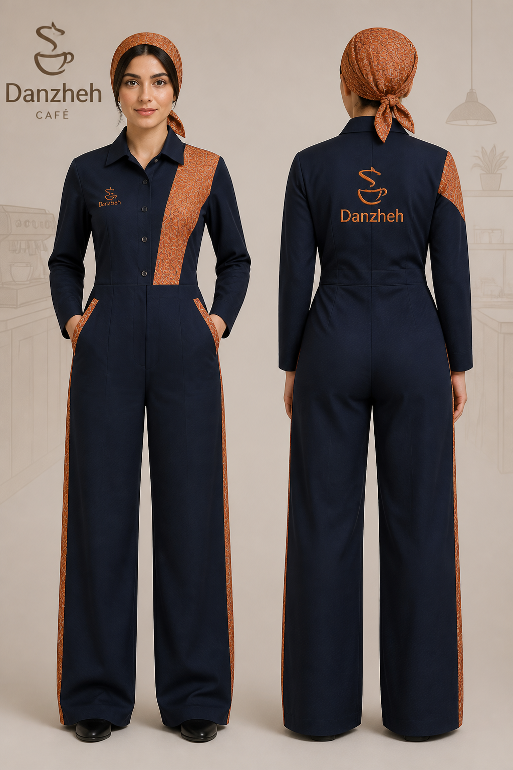 Create a professional women's autumn workwear jumpsuit for a café staff uniform.
Main garment:
- One-piece jumpsuit, NOT a shirt and trousers
- Dark navy fabric, one shade darker than standard navy
- Tailored feminine fit
- Long wide-leg trousers, slightly baggy but practical and not restrictive
- Trouser hem falls over the shoes
- No belt loops and no waist belt
- No cargo pockets or thigh pockets
- Side welt pockets with orange patterned fabric used for the pocket opening
Upper body:
- Long sleeves
- Classic men's shirt collar
- Front button closure
- Keep the front button line completely visible
- A narrow diagonal rectangular panel starts near one shoulder and continues diagonally down to the waist on ONE side only
- The diagonal panel must NOT cross over the buttons
- The panel is made from an elegant orange patterned fabric
Sleeve detail:
- On ONE sleeve only, create a triangular section from the shoulder down toward the upper arm
- This triangular section uses the same orange patterned fabric as the diagonal panel
- The remaining sleeve stays dark navy
Trouser detail:
- Add a 7 cm wide vertical stripe along the outer side seam of each trouser leg
- Use the same orange patterned fabric
- Keep the trousers wide and long but comfortable for staff movement
- Shape the back of the trousers subtly to give the hips and buttocks a slightly fuller appearance
Branding:
- Embroider the Danzheh logo on the back
- Add a smaller Danzheh logo on the chest opposite the diagonal orange panel
- The logo should match the original Danzheh branding
Headwear:
- Add a feminine mini scarf / small neck-and-head scarf
- Use the same orange patterned fabric
- Make the overall uniform feminine, elegant, modern and professional
Fabric:
- Suitable for autumn
- Structured but comfortable
- Matte or slightly textured finish
- High-quality professional workwear fabric
Presentation:
- Show the complete outfit on a professional female fashion model
- Full-body view
- Front view and back view
- Clean fashion design presentation
- Realistic garment construction
- Preserve all requested design details exactly
Create a professional women's autumn workwear jumpsuit for a café staff uniform.
Main garment:
- One-piece jumpsuit, NOT a shirt and trousers
- Dark navy fabric, one shade darker than standard navy
- Tailored feminine fit
- Long wide-leg trousers, slightly baggy but practical and not restrictive
- Trouser hem falls over the shoes
- No belt loops and no waist belt
- No cargo pockets or thigh pockets
- Side welt pockets with orange patterned fabric used for the pocket opening
Upper body:
- Long sleeves
- Classic men's shirt collar
- Front button closure
- Keep the front button line completely visible
- A narrow diagonal rectangular panel starts near one shoulder and continues diagonally down to the waist on ONE side only
- The diagonal panel must NOT cross over the buttons
- The panel is made from an elegant orange patterned fabric
Sleeve detail:
- On ONE sleeve only, create a triangular section from the shoulder down toward the upper arm
- This triangular section uses the same orange patterned fabric as the diagonal panel
- The remaining sleeve stays dark navy
Trouser detail:
- Add a 7 cm wide vertical stripe along the outer side seam of each trouser leg
- Use the same orange patterned fabric
- Keep the trousers wide and long but comfortable for staff movement
- Shape the back of the trousers subtly to give the hips and buttocks a slightly fuller appearance
Branding:
- Embroider the Danzheh logo on the back
- Add a smaller Danzheh logo on the chest opposite the diagonal orange panel
- The logo should match the original Danzheh branding
Headwear:
- Add a feminine mini scarf / small neck-and-head scarf
- Use the same orange patterned fabric
- Make the overall uniform feminine, elegant, modern and professional
Fabric:
- Suitable for autumn
- Structured but comfortable
- Matte or slightly textured finish
- High-quality professional workwear fabric
Presentation:
- Show the complete outfit on a professional female fashion model
- Full-body view
- Front view and back view
- Clean fashion design presentation
- Realistic garment construction
- Preserve all requested design details exactly