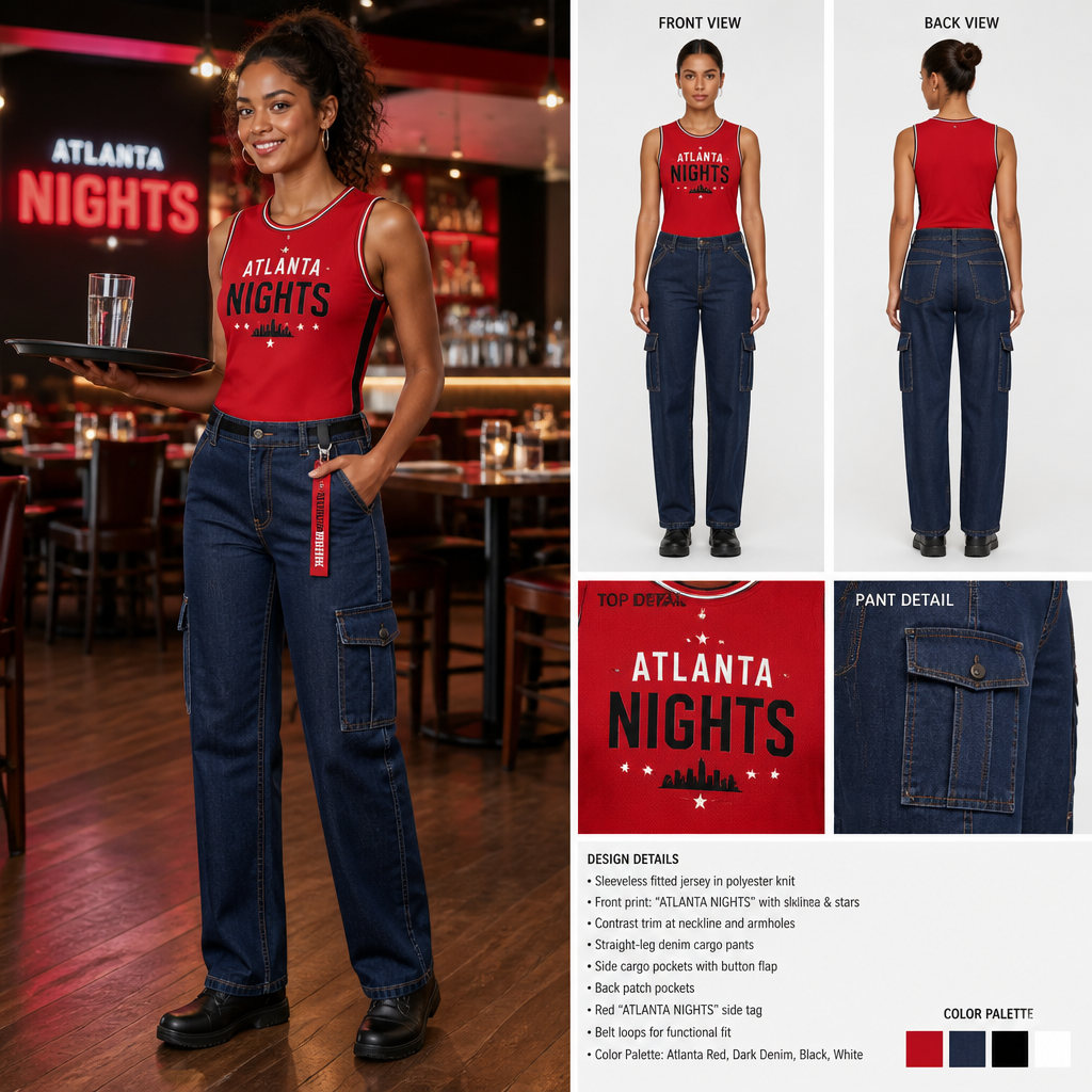 womens wait staff uniform with red sleeveless baseball fitted jersey with company name ATLANTA NIGHTS and jean colored cargo pants
Women's wait staff uniform: Red, sleeveless, fitted jersey in polyester knit with "ATLANTA NIGHTS" text; paired with straight-leg cargo pants in blue denim.