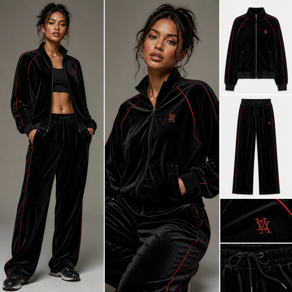 A black leisure wear track suit made with velour and red piping
Athleisure fashion design: **Black velour tracksuit**, relaxed fit. Red piping accents. Soft, plush fabric. Sporty, comfortable style.
