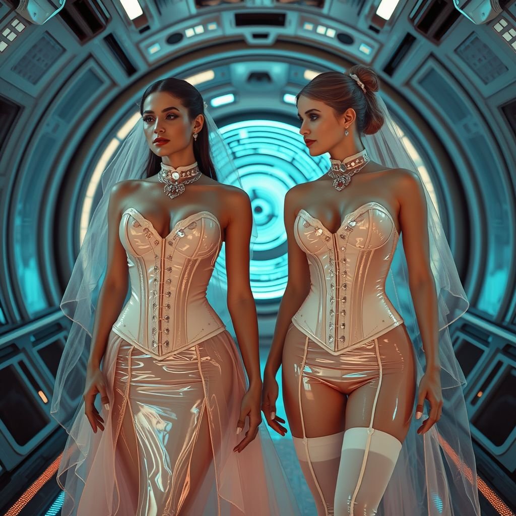 two female Brides with Bust in shiny PVC Pastel-Dark/Sepia clothing (corsets, chockers, girdle with Garter belts & glossy PVC Socks) locked in slow dancing in a Futuristic Spaceship, with Glowing AI-generated spirals pulse behind them. Leica M9 clarity, romantic elegance, hypnotic depth.
Two ethereal brides, radiant in pastel-dark and sepia-hued shiny PVC, corsets cinching their waists, adorned with intricate chokers. Each girdle and garter belt accentuating curves, glossy PVC socks glistening. A spaceship ambiance, glowing AI-generated spirals pulsating in the backdrop, capturing a mesmerizing romance, a dream-like world of futuristic elegance.