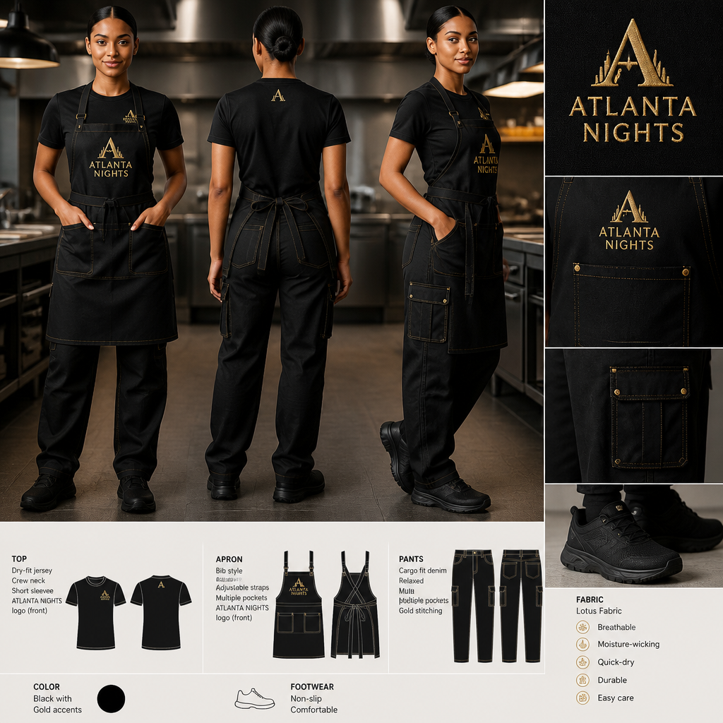 womens kitchen staff uniform with black dry fit jersey with ATLANTA NIGHTS business logo with black cargo fit denim with multiple pockets and relaxed and gold stitching, streetwear inspired and black non-slip shoes. Include a black apron with the ATLANTA NIGHTS logo and pockets as well. The uniform is made of lotus fabric. Remove lotus flower from uniform
Women's kitchen staff uniform. Black dry-fit jersey, crew neck, short sleeve, with ATLANTA NIGHTS logo. Black cargo fit denim pants, relaxed, multiple pockets, gold stitching. Black apron, bib style, with ATLANTA NIGHTS logo, pockets. All in lotus fabric. Black non-slip shoes.