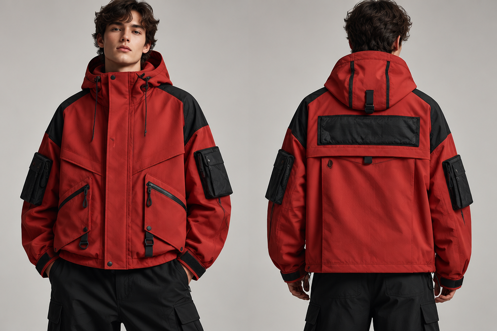 Sketch to design: SO THIS IS SUPPOSED TO BE A HIKER JACKET. I WANT IT TO BE IN RED AND BLACK COLOUR. THE BLACK MARKS SHOULD BE BLACK AND ADD DIFFERENT FABRIC
Turn this fashion sketch into a photorealistic photograph of the finished garment worn by a model in a studio with soft editorial lighting. Stay faithful to the sketch's silhouette, proportions and details. No text, no annotations, just the finished garment photograph. Fabric, color and styling directions: SO THIS IS SUPPOSED TO BE A HIKER JACKET. I WANT IT TO BE IN RED AND BLACK COLOUR. THE BLACK MARKS SHOULD BE BLACK AND ADD DIFFERENT FABRIC.