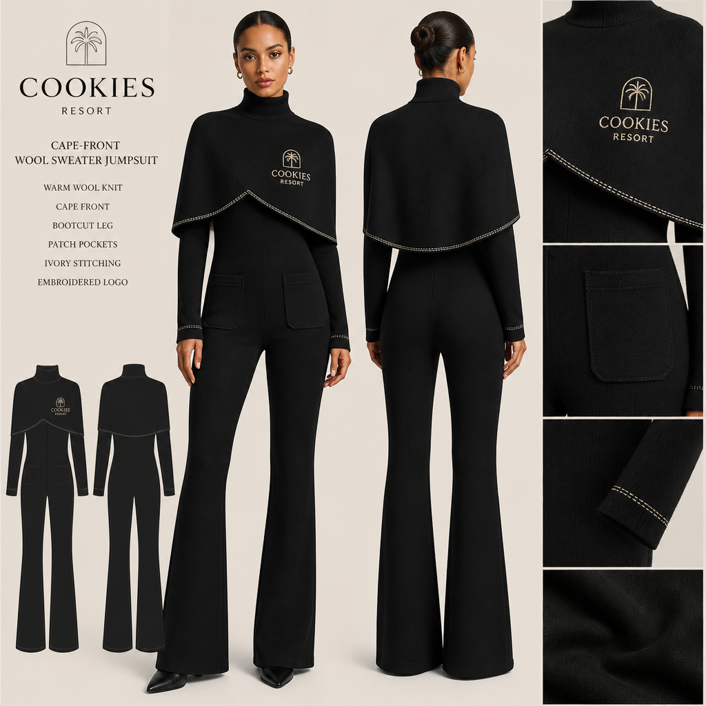 all black warm wool long sleeve front of body cape only bootcut sweater jumpsuit with cookies resort logo and ivory stitching, then add black pockets with black stitching
All black warm wool long sleeve cape-front bootcut sweater jumpsuit with cookies resort logo and ivory stitching. Add black patch pockets with black stitching.