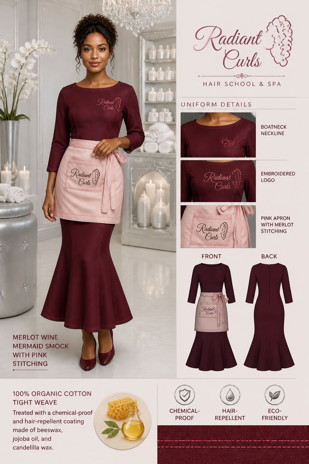 Women's Merlot wine ankle-length mermaid hair school uniform smock with extra pink stitching and a boatneck neckline. Include logo: Radiant Curls. Include a pink-colored apron with Merlot wine stitching. Spa decor should be silver and pearl. Uniform fabric should be 100% organic cotton tight weave treated with a chemical-proof and hair-repellent coating made of beeswax, jojoba oil, and candelilla wax.
Women's Merlot wine ankle-length mermaid hair school uniform smock with extra pink stitching and a boatneck neckline. Include logo: Radiant Curls. Include a pink-colored apron with Merlot wine stitching. Spa decor should be silver and pearl. Uniform fabric should be 100% organic cotton tight weave treated with a chemical-proof and hair-repellent coating made of beeswax, jojoba oil, and candelilla wax.