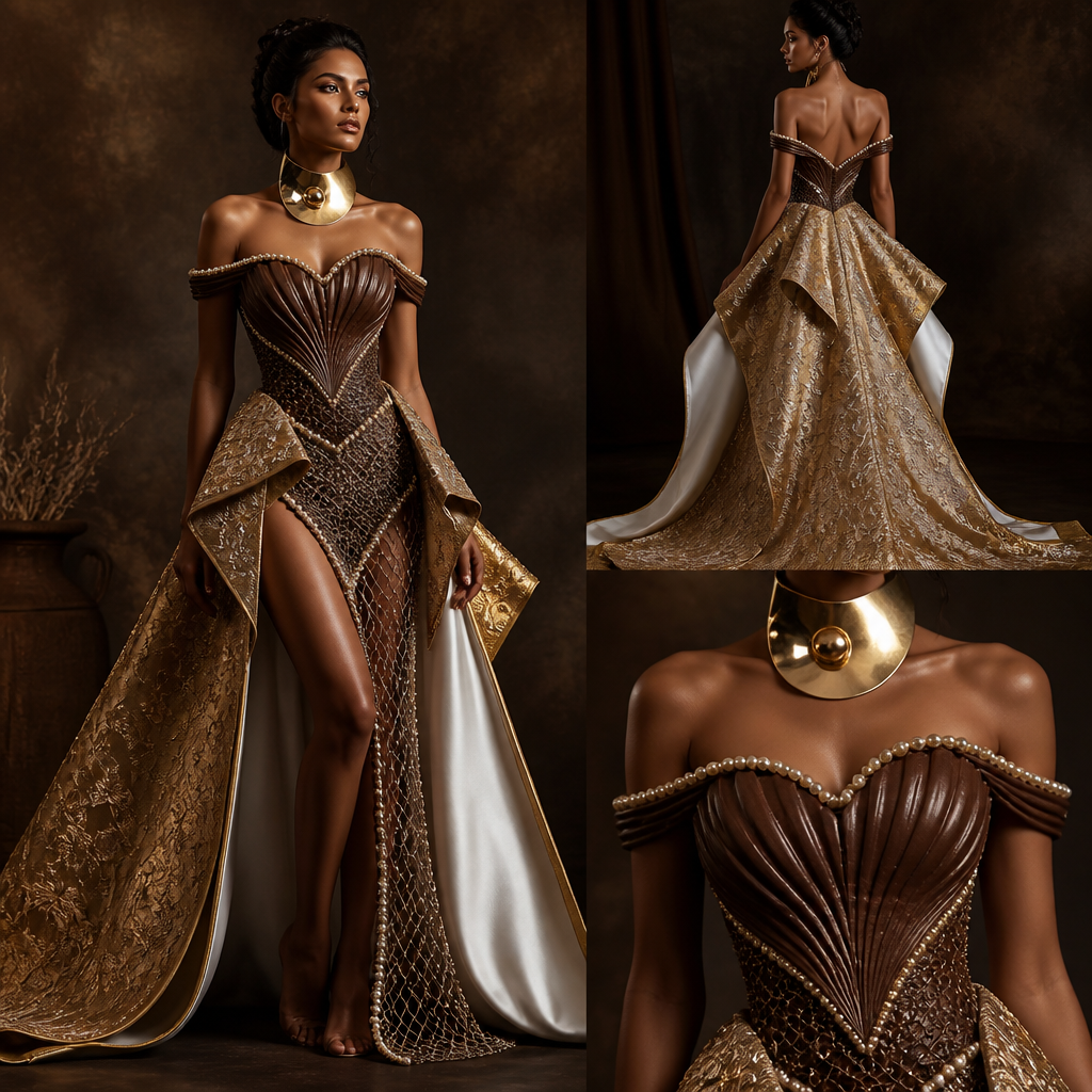 Off-the-shoulder, timeless, modest mermaid gown with a piped chocolate-brown oyster bodice extending to mid-thigh and a gold avant-garde train starting at the knees, with a pure white inner lining like the nacre inside a clam. The slip under the dress should be of metallic netting with lines of pearls gracing the bottom of the netting. The model should be wearing a large gold-plated neck adornment alike the cymbal instrument. add brown visuals and pictures of embroidery on the gold train only
Off-the-shoulder mermaid gown. Chocolate-brown oyster bodice, mid-thigh. Gold avant-garde train, knee-length, with pure white lining. Metallic netting slip, pearl trim. Gold-plated cymbal neck adornment. Brown visuals. Gold train with embroidery.