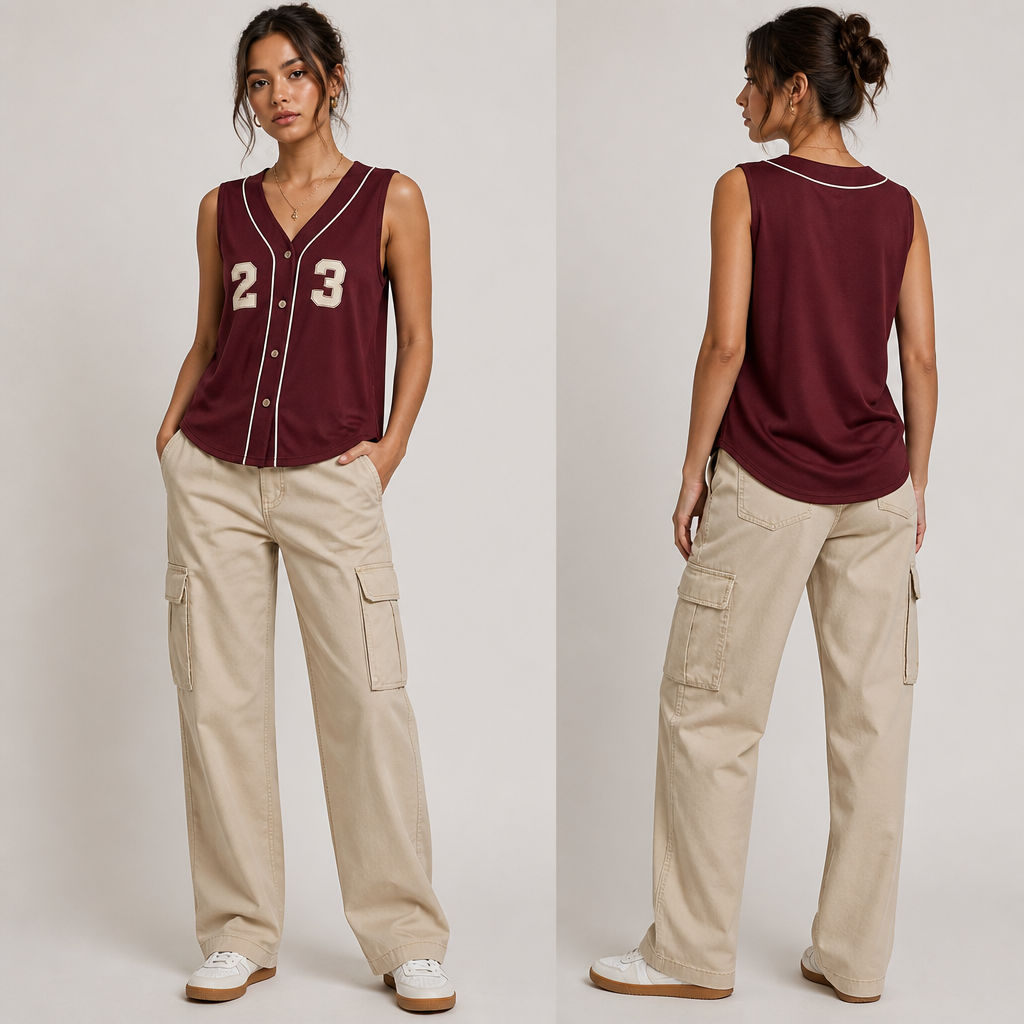 Womens burgundy sleeveless baseball jersey with beige cargo pants
Women's burgundy sleeveless jersey knit baseball top, relaxed fit, with beige cotton cargo pants, straight leg.