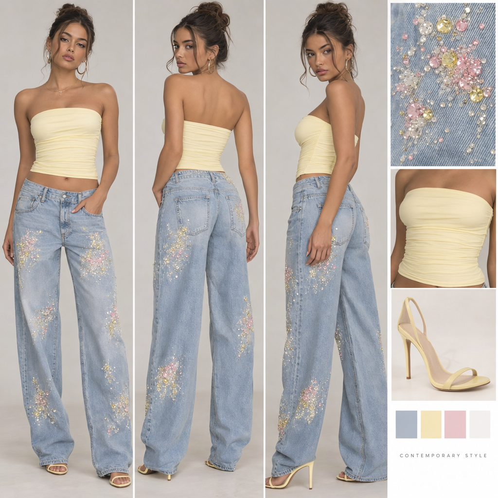 Light blue loose fitted jeans with light pink and Light yellow and white crystal splotches on jeans. light yellow tight strapless top. Light yellow high heel.
Light blue loose fitted jeans with light pink and Light yellow and white crystal splotches on jeans. light yellow tight strapless top. Light yellow high heel., contemporary style