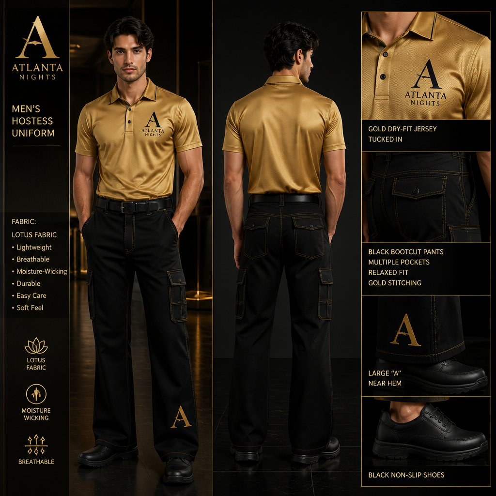 mens hostess staff uniform with gold dry fit jersey with ATLANTA NIGHTS business logo tucked in with black bootcut fit pants with multiple pockets and relaxed and gold stitching, streetwear inspired and black non-slip shoes. The uniform is made of lotus fabric. Remove the lotus symbol from the uniform and add large letter A on jersey and pants
Men's hostess uniform: gold dry-fit jersey, tucked, with "ATLANTA NIGHTS" logo and large "A" on chest. Black bootcut pants with multiple pockets, relaxed fit, gold stitching, and large "A" near hem. Both in lotus fabric. Black non-slip shoes.
