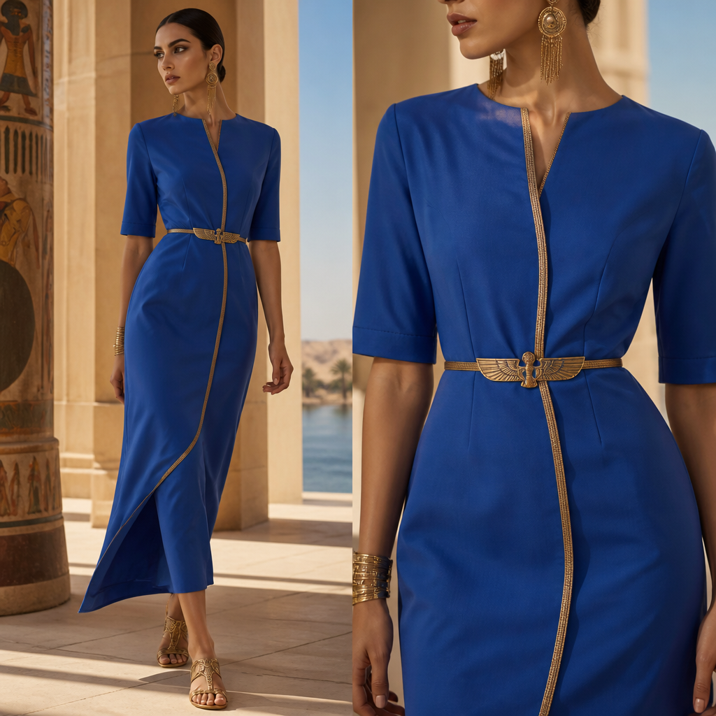 create one cut continuous cut for summer light material
short cut with half sleeve dress royal Egyptian bronze model
Luxury fashion design: Summer dress, continuous cut. Light cotton, royal blue, Egyptian bronze accents. Half sleeves, tailored fit.