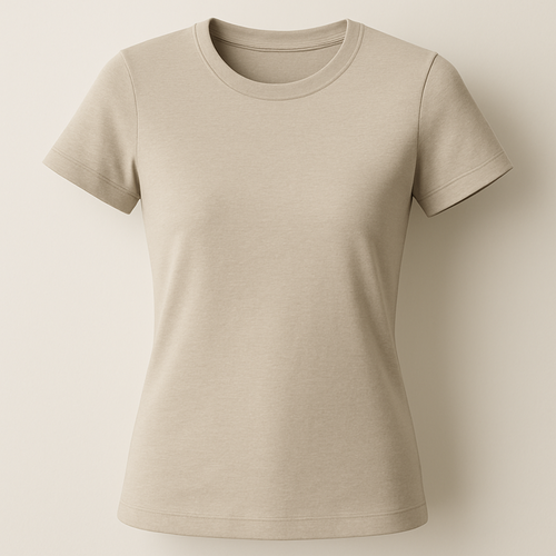 A premium women’s basic crew neck t-shirt, slim-relaxed fit, made of first-class high-quality cotton fabric with a soft luxurious texture, short sleeves, minimal and elegant design. Ghost mannequin hollow man style photography, the t-shirt looks 3D as if worn by an invisible model, perfectly shaped and realistic fit. Photographed in natural daylight, clean background, ultra-detailed premium cotton fabric texture, hyperrealistic stitches, 3D/4D depth of field close-up, white fashion e-commerce product photography aesthetic.
