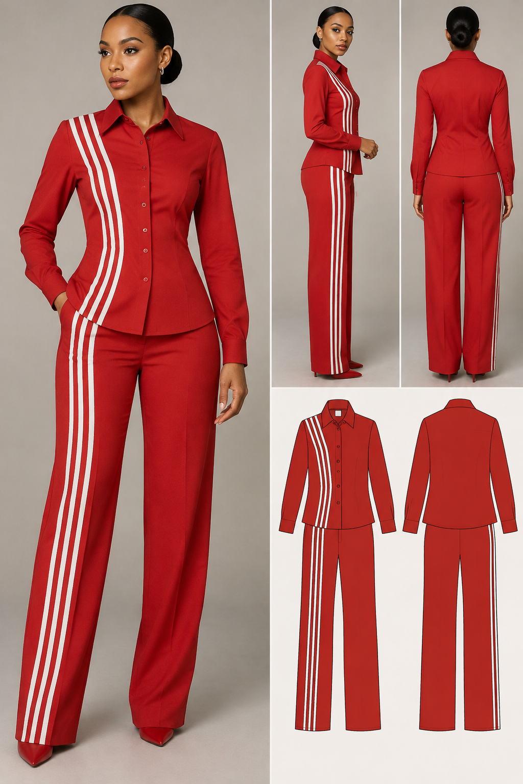 Red 2piece with collar and button down,three lines from shoulder across chest to bottom pants
Red 2piece with collar and button down,three lines from shoulder across chest to bottom pants