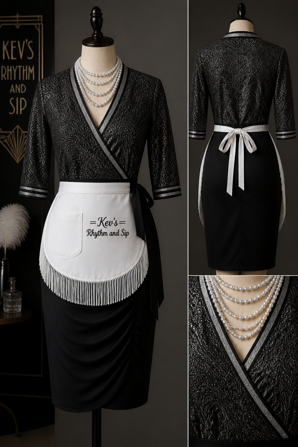 black and silver 1920s quarter-sleeve wrap evening waitress scrunch knee-length uniform dress with textured top only and no fringe and a fringe white apron with logo that says = Kev's Rhythm and Sip with a pocket and then add layers of pearl necklaces
black and silver 1920s quarter-sleeve wrap evening waitress scrunch knee-length uniform dress with textured top only and no fringe and a fringe white apron with logo that says = Kev's Rhythm and Sip with a pocket and then add layers of pearl necklaces