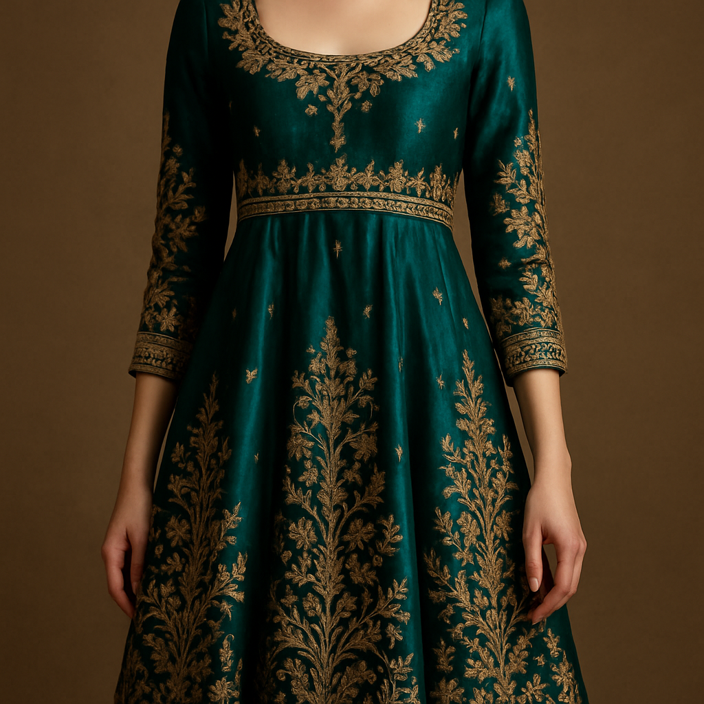 Create a luxury party wear kurthi with silk fabric, zari embroidery, bright festive colors, stylish neckline, and premium designer look.

Luxury fashion design: Luxury party wear kurti: Silk fabric, jewel tones, intricate zari embroidery. Empire waist, flowing silhouette, scoop neck. Opulent, rich, and elegant fit.