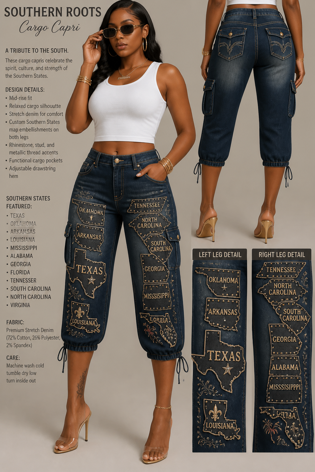 Black Women's cargo jean capri with embellishments of the group of southern states in the united states on both jean legs
Black Women's cargo jean capri with embellishments of the group of southern states in the united states on both jean legs