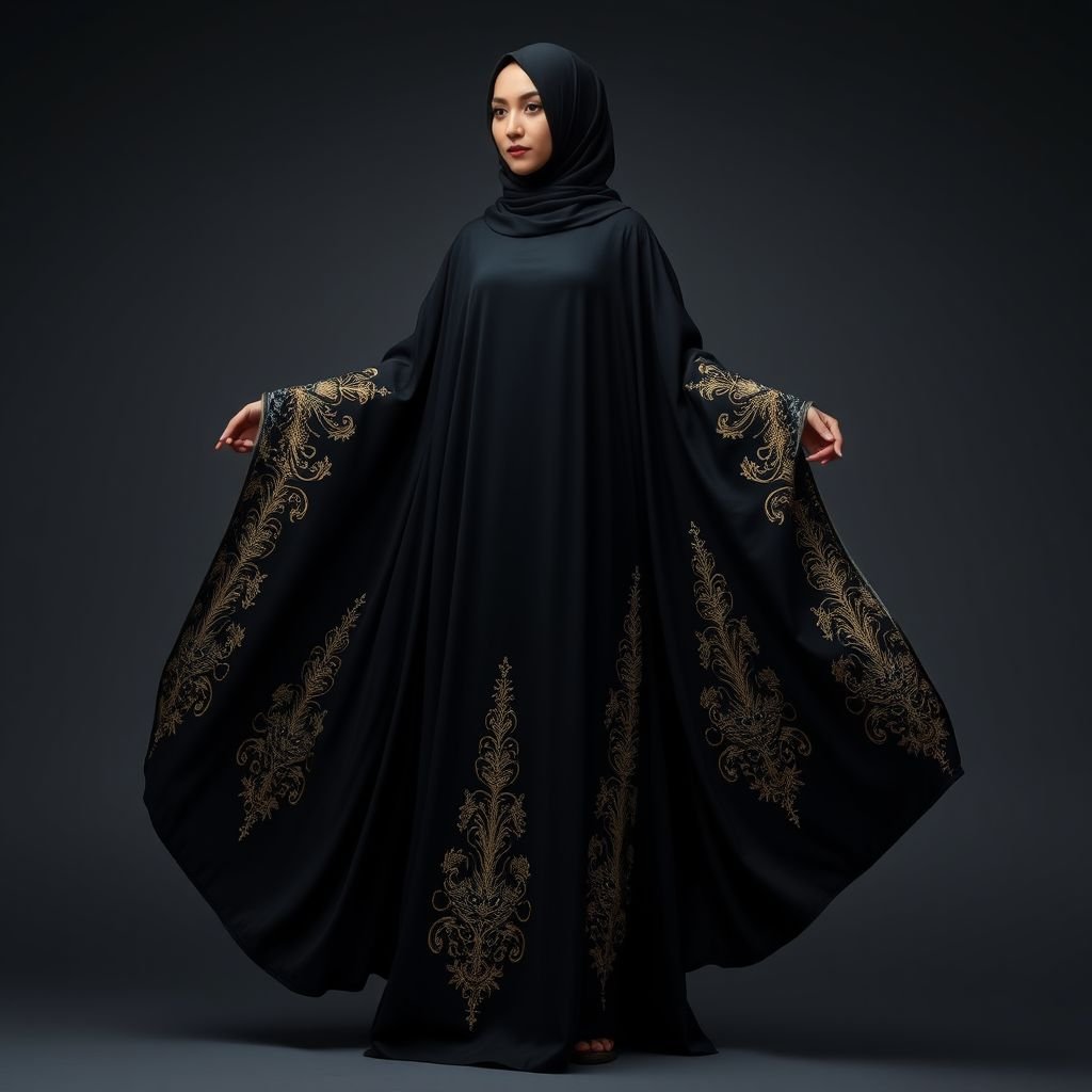Black Arab Women's Abaya Design
Elegant black abaya with intricate gold embroidery cascading down the sleeves, reminiscent of desert winds. Flowing silhouette, soft silk fabric, and a subtle sheen catching light. High collar adorned with delicate gemstones, exuding sophistication. Dramatic, floor-length cape draping gracefully, combining tradition with modern flair. Timeless elegance for the contemporary Arab woman.