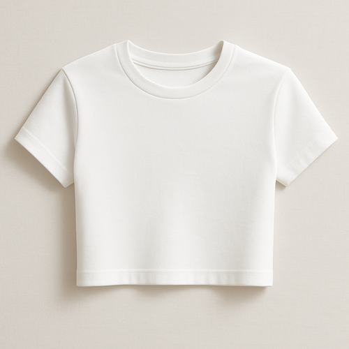 A premium women’s crop basic crew neck t-shirt, slim fit, ending just below the bust line, made of first-class high-quality cotton fabric with a soft luxurious texture. Short sleeves, minimal and elegant design. Ghost mannequin hollow man style photography, the t-shirt looks 3D as if worn by an invisible model, perfectly shaped and realistic fit. Photographed in natural daylight, clean background, ultra-detailed premium cotton fabric texture, hyperrealistic stitches, 3D/4D depth of field close-up, fashion e-commerce product photography aesthetic.
