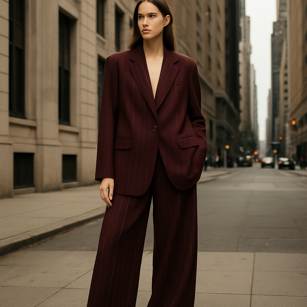 High fashion editorial full body shot of a female model walking in an urban city setting, wearing a dark bordeaux oversized blazer and palazzo pants set, fabric with single thin vertical white pinstripes, evenly spaced, straight and orderly (no double stripes), luxury wool texture. Blazer with a single button (no extra buttons), no chest pocket, only two flap pockets at the bottom. Oversized fit, elegant styling, cinematic fashion photography, luxury magazine aesthetic

Luxury fashion design: High-fashion editorial, full body shot, female model, urban city. Dark bordeaux oversized blazer and palazzo pants set, luxury wool, single white pinstripe. Blazer: single button, two flap pockets. Oversized fit, elegant. Cinematic photography, luxury magazine aesthetic.