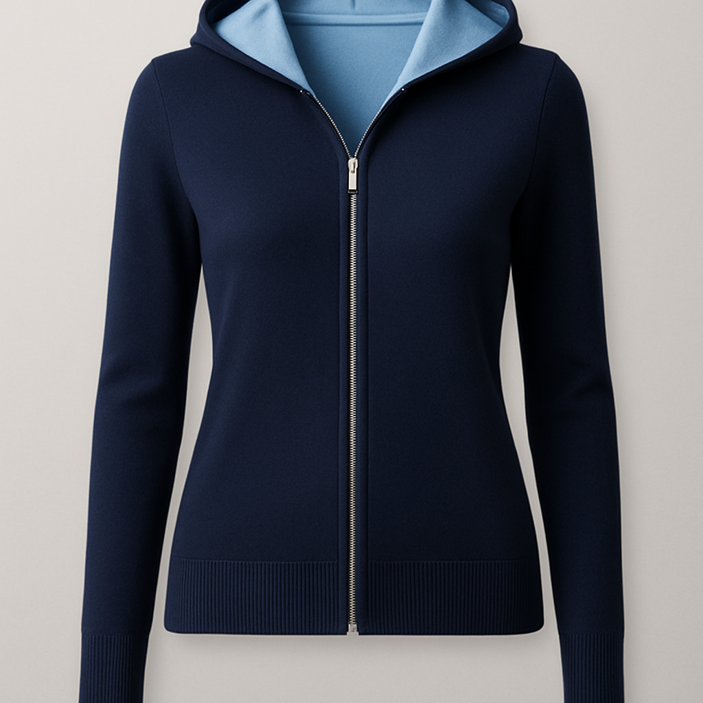 Design a women’s fine-gauge, 14-cut interlock knit zip-front hooded cardigan. The garment features a ¾-inch rib-start hem and matching rib cuffs. The exterior color is deep navy, while the inside of the hood and inner body are in a contrasting ice-blue tone. The silhouette should appear sleek, lightweight, and refined—appropriate for a modern women’s casual collection.

Women's fine-gauge interlock knit zip-front hooded cardigan. Sleek, lightweight silhouette. Deep navy exterior, ice-blue interior hood and body. Rib-start hem, ribbed cuffs.