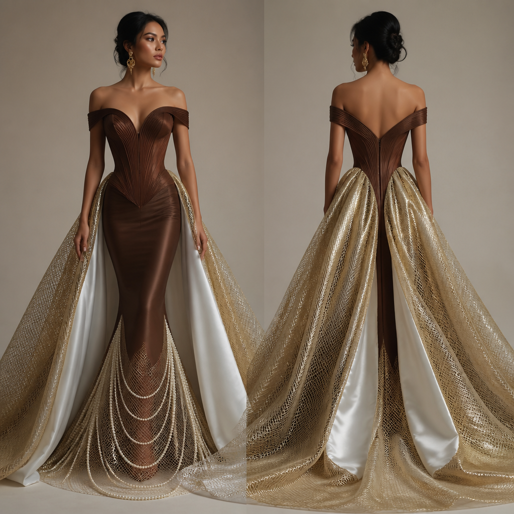 Off-the-shoulder timeless mermaid gown with pipped chocolate brown oyster bodice with a gold avant-garde train that has a pure white inner lining like the necre inside a clam. The slip under the dress should be of metallic netting with lines of pearls gracing the bottom of the netting.
Off-the-shoulder mermaid gown. Piped chocolate brown oyster bodice, fitted. Gold avant-garde train, A-line. Pure white inner lining. Metallic netting slip with pearl lines at bottom. Fabric: Oyster, netting. Pattern: Solid.