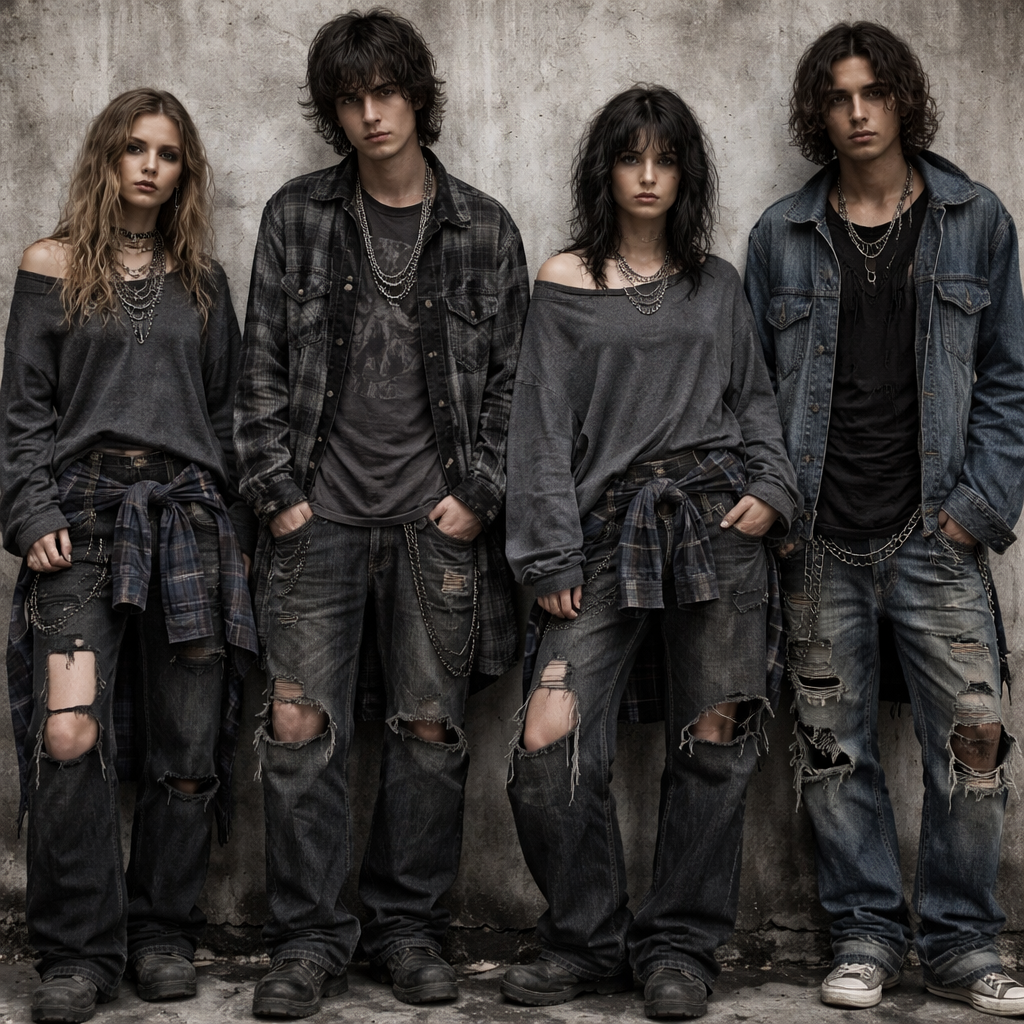 Colección basada en la insoportable levedad del ser, con representación de agua (leve y pesado) , con morfología de alta costura y rubro casual wear. Con tinte punk de los 80 cuadrille
Grunge fashion design: **Grunge Collection Prompt:**
Deconstructed tops, oversized silhouettes, and rip details in cotton and denim. Focus on layered looks with muted grays, charcoal, and deep indigo. Distressed textures and imperfect finishes are key. Flannel shirts and plaid patterns add a touch of rebellion.