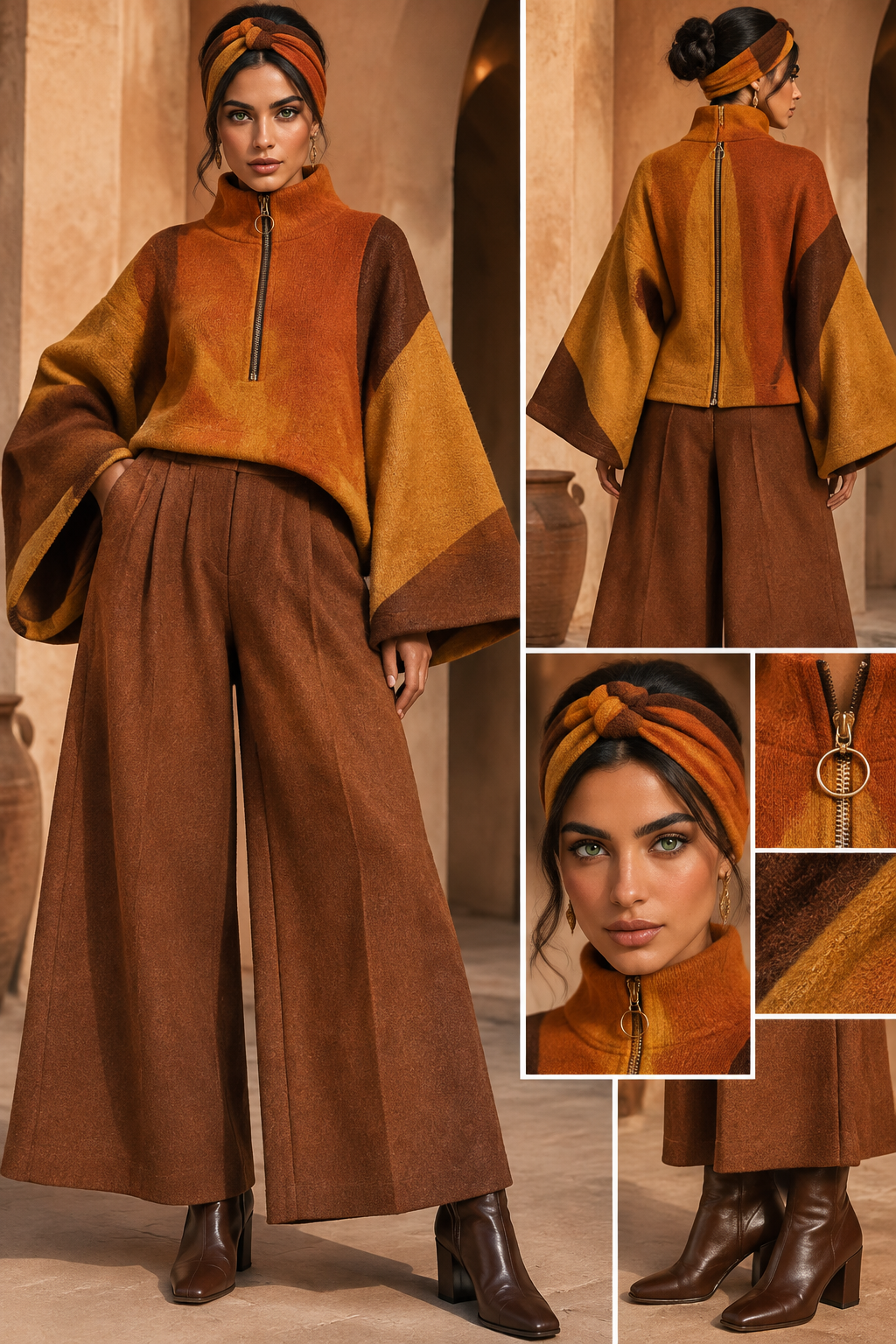 Create wide bell pullover with 2 zipper from front and back with ling short reach knee wide wool pants with boots choose autumn catchy colors between orange brown and yellow with matching head band Egyptian features model with green eyes
Create wide bell pullover with 2 zipper from front and back with ling short reach knee wide wool pants with boots choose autumn catchy colors between orange brown and yellow with matching head band Egyptian features model with green eyes