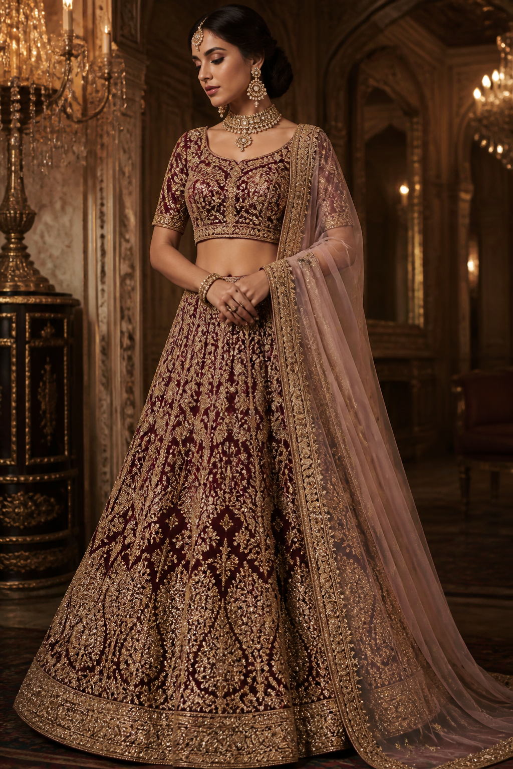 lehnga
Luxury fashion design: Full lehnga skirt in silk, fitted silk choli, and sheer silk dupatta. Intricate embroidery with gold thread and small crystals. Traditional Indian silhouette, opulent and grand.