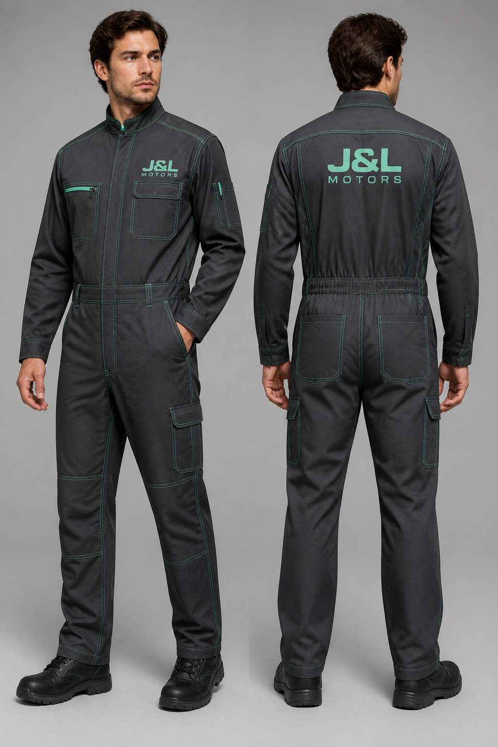 Mechanic full body suit in the color charcoal gray with mint green stitching and with J&L motors logo in mint green
Mechanic full body suit in the color charcoal gray with mint green stitching and with J&L motors logo in mint green