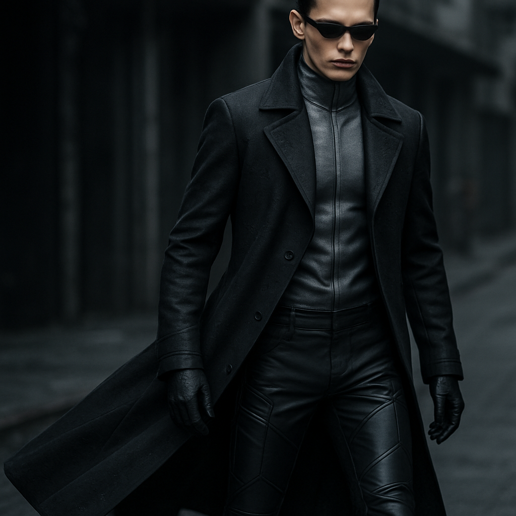 A sleek, long black trench coat with subtle embossed logos on the back, high-neck inner lining in reflective gunmetal or dark gray, slim tactical black pants with matte and glossy panels, minimalistic black gloves, narrow cyberpunk sunglasses, dramatic flowing movement, cinematic lighting, high fashion streetwear aesthetic, hyper-realistic, cyber-noir style, inspired by Matrix fashion"

Streetwear fashion design: A sleek, long black cotton trench coat with subtle embossed logos, high-neck reflective gray inner. Slim black tactical pants with matte and glossy panels. Black gloves, narrow black sunglasses. Dramatic, flowing. Hyper-realistic cyber-noir, Matrix streetwear.