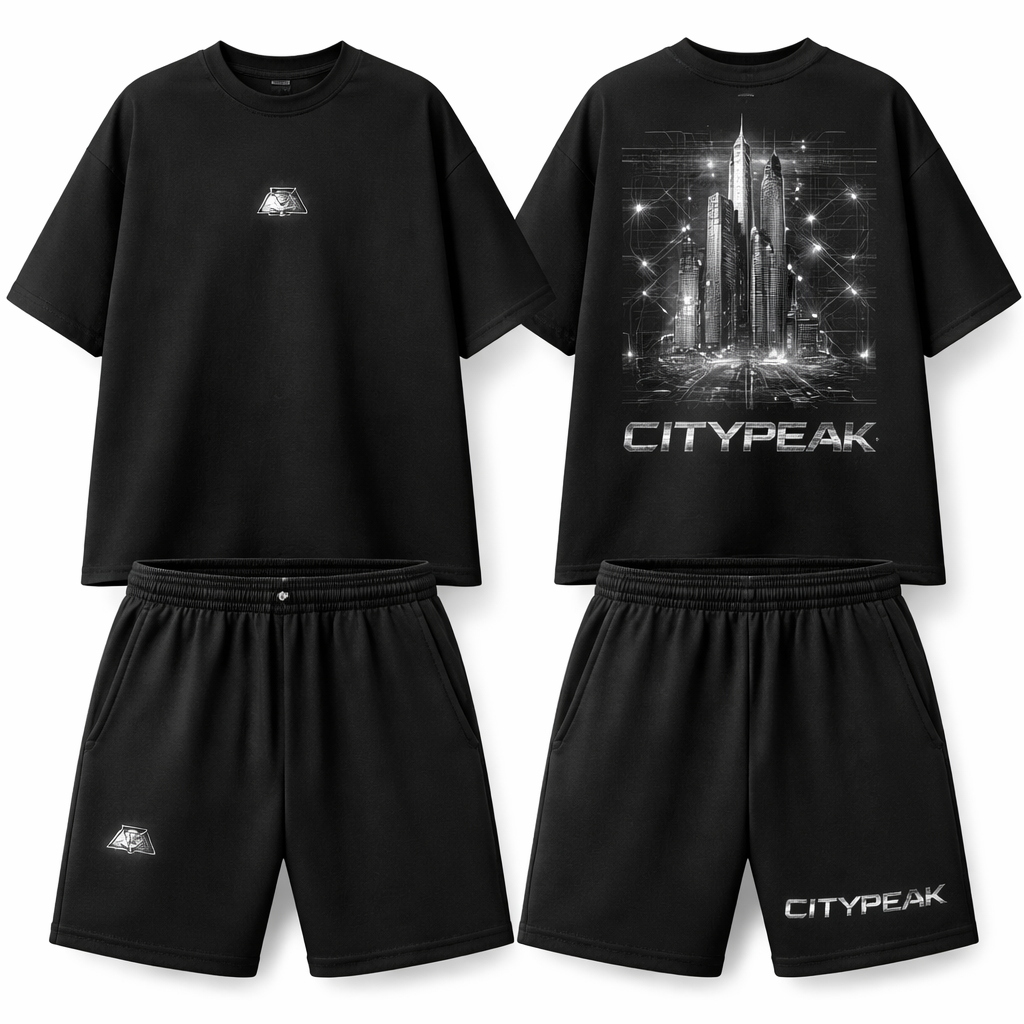 Create a realistic modern streetwear fashion mockup of a matching summer set composed of an oversized t-shirt and matching shorts. Show both front and back view of the outfit. The style must look like a premium urban streetwear brand, aggressive and modern aesthetic, inspired by contemporary street culture.
T-shirt front: minimal streetwear design with a small graphic element or abstract urban detail on the chest.
T-shirt back: large streetwear graphic design inspired by city life, urban textures, skyline silhouettes or abstract street elements. At the bottom of the back of the shirt write “CITYPEAK” in a bold futuristic streetwear font that looks strong and iconic.
Shorts front: minimal design with a small subtle graphic detail on the left leg.
Shorts right leg: at the bottom of the right leg write “CITYPEAK” using the same bold futuristic font used on the t-shirt, so the set looks perfectly coordinated.
Color palette: black and metallic silver, luxury streetwear aesthetic, gritty urban vibe, premium streetwear brand look, realistic fabric texture, high detail clothing folds, professional fashion mockup, studio lighting.
Streetwear fashion design: Realistic streetwear mockup. Matching oversized cotton t-shirt and shorts, front and back views. Aggressive, modern urban brand.
T-shirt front: Small metallic silver graphic on chest.
T-shirt back: Large metallic silver city-inspired graphic. "CITYPEAK" in bold futuristic font at bottom.
Shorts front: Small metallic silver detail on left leg.
Shorts right leg: "CITYPEAK" in bold futuristic font at bottom.
Color: Black with metallic silver accents. Premium urban look.