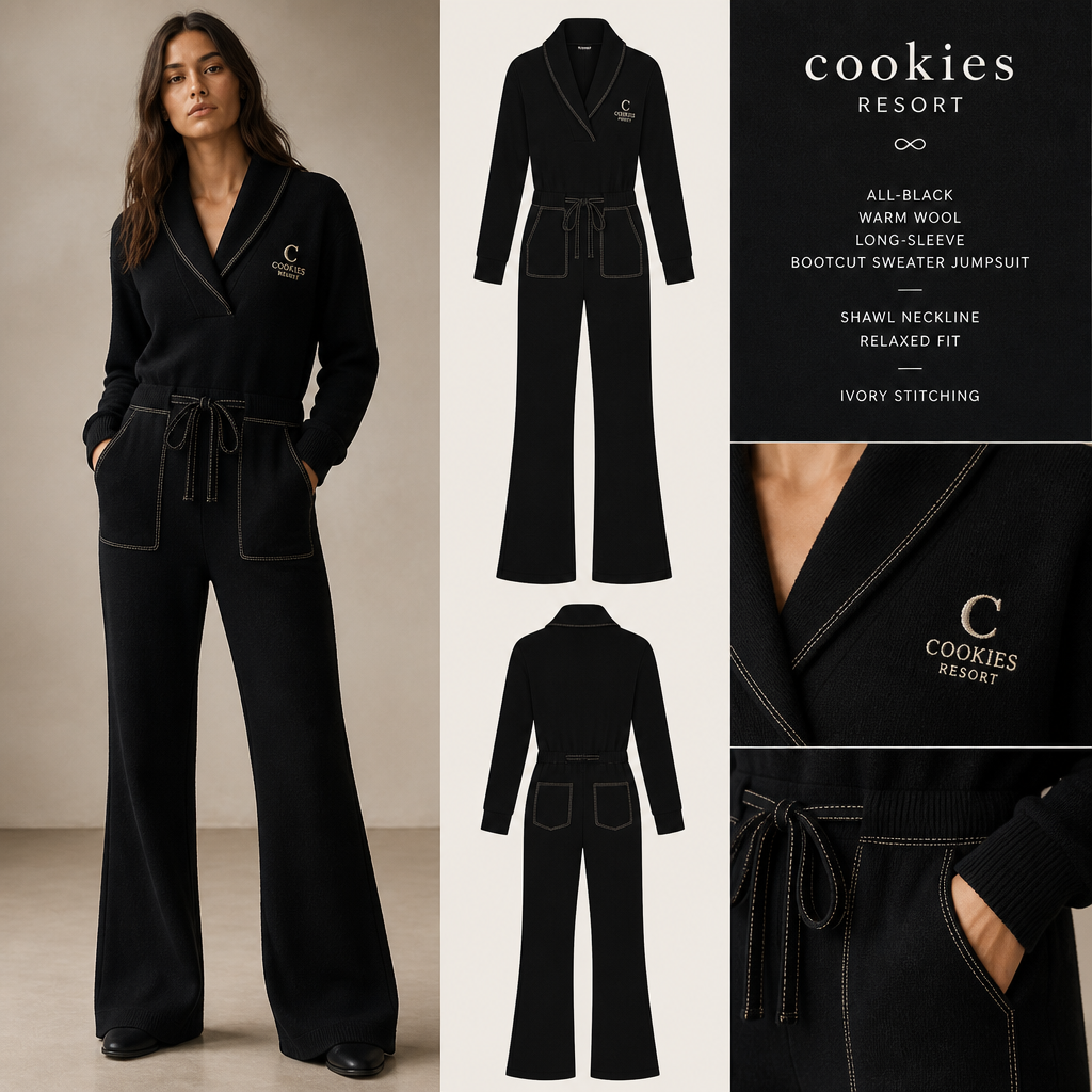 all black warm wool long sleeve shawl bootcut sweater jumpsuit with cookies resort logo and ivory stitching
All-black, warm wool, long-sleeve, bootcut sweater jumpsuit with cookies resort logo and ivory stitching. Shawl neckline, relaxed fit.