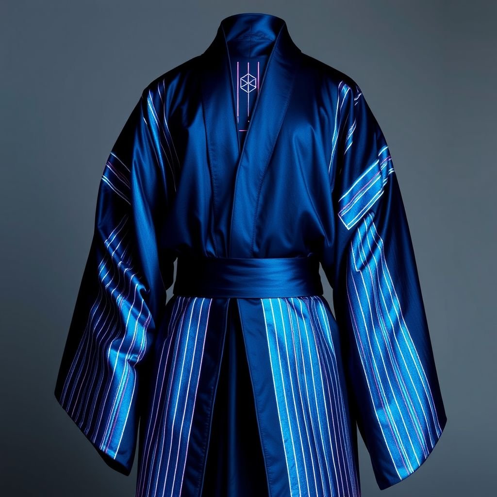 Design a men's kimono with a futuristic aesthetic, blending minimalist. Line vertical. Shaman futuristic

Men's kimono featuring a sleek silhouette, crafted from iridescent fabric. Deep midnight blue base adorned with luminescent vertical lines, echoing digital patterns. Oversized sleeves cascade gracefully, merging tradition with a shamanic touch. High collar, angular design. Subtle metallic accents reflect light, creating an ethereal aura. Intricate geometric embroidery enhances the futuristic essence.