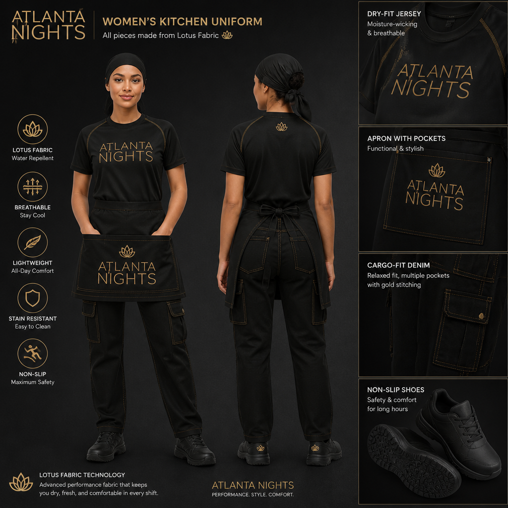 womens kitchen staff uniform with black dry fit jersey with ATLANTA NIGHTS business logo with black cargo fit denim with multiple pockets and relaxed and gold stitching, streetwear inspired and black non-slip shoes. Include a black apron with the ATLANTA NIGHTS logo and pockets as well. The uniform is made of lotus fabric. Remove lotus flower from uniform
Women's kitchen uniform: Black dry-fit jersey with ATLANTA NIGHTS logo. Black cargo-fit denim, relaxed, multiple pockets, gold stitching. Black non-slip shoes. Black apron with ATLANTA NIGHTS logo and pockets. All made from lotus fabric.
