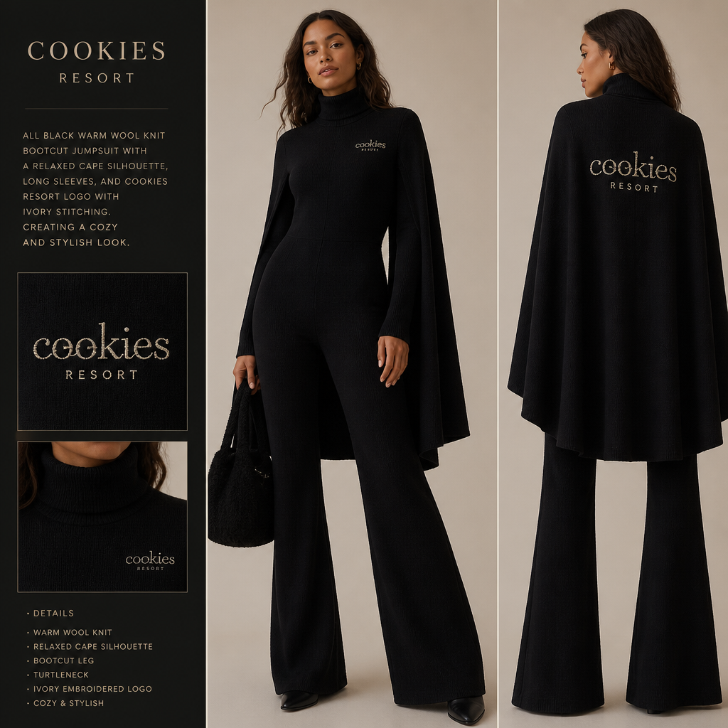all black warm wool long sleeve cape bootcut sweater jumpsuit with cookies resort logo and ivory stitching
All black warm wool knit, bootcut jumpsuit with a relaxed cape silhouette, long sleeves, and a cookies resort logo with ivory stitching, creating a cozy and stylish look.