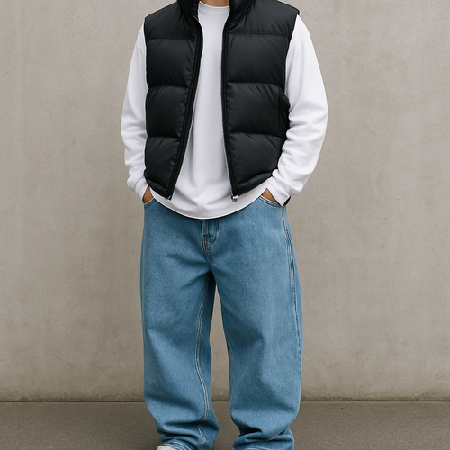baggy fit light blue jeans with a white long sleeve t-shirt with a body warmer over the top