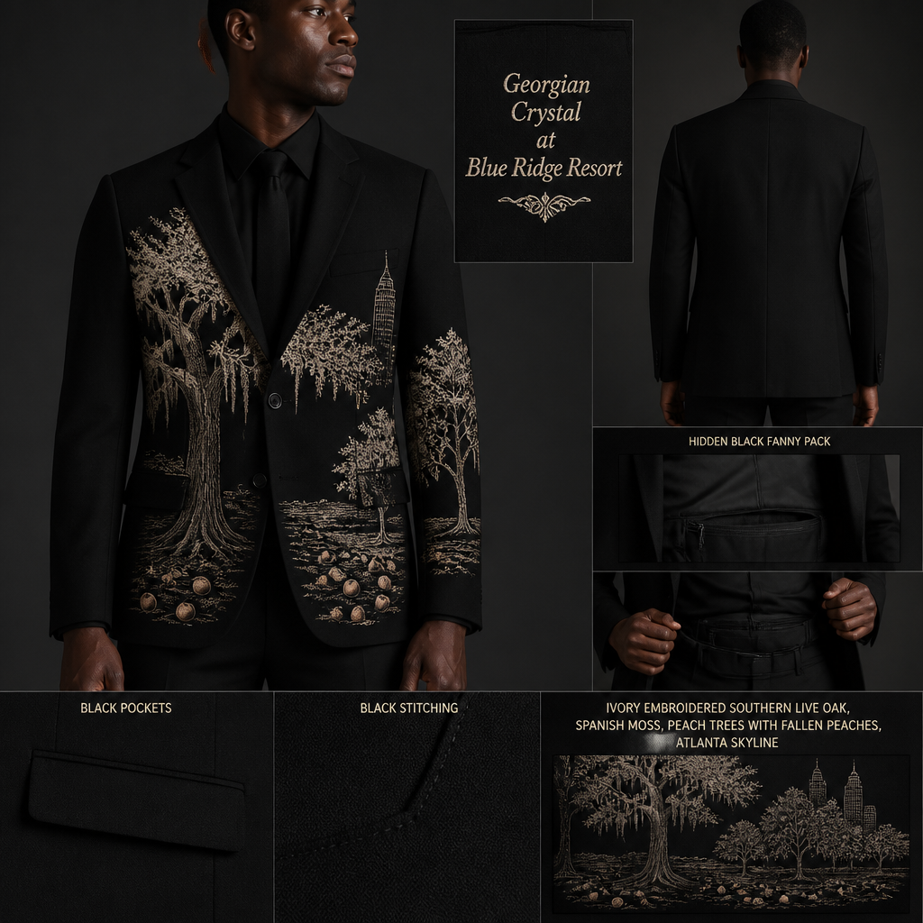 All Black warm long-sleeve alpaca wool full-length straight-cut tailored-fit blazer suit with black pockets. Make sure pockets have black stitching. Include an attachable, hidden black sleek fanny pack to hold pens, a small pen pad, front office cordless phone, and front office keys. The cursive logo should have the business name "Georgian Crystal at Blue Ridge Resort" embroidered with Ivory stitching only. Include an ivory embroidered Southern Live Oak Tree with Spanish Moss and Peach Trees with fallen peaches influenced by the Atlanta skyline. Please create a design for men only. Logo should be located on the front of the blazer only
Men's suit: Black alpaca wool, tailored, straight-cut blazer with full-length sleeves. Black pockets, black stitching. Hidden black fanny pack. Embroidered logo "Georgian Crystal at Blue Ridge Resort" in ivory. Ivory embroidered Southern Live Oak, Spanish Moss, Peach Trees with fallen peaches, Atlanta skyline design on front blazer.