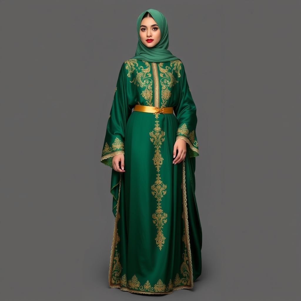 Arab women's abaya design
Luxurious abaya crafted from flowing silk, rich emerald green adorned with intricate gold embroidery. High neckline, long sleeves, and a floor-length silhouette exuding elegance. Subtle waist cinching with a golden belt adds shape. Soft, delicate lace trim along cuffs and hem. Perfect blend of tradition and contemporary style, radiating sophistication.