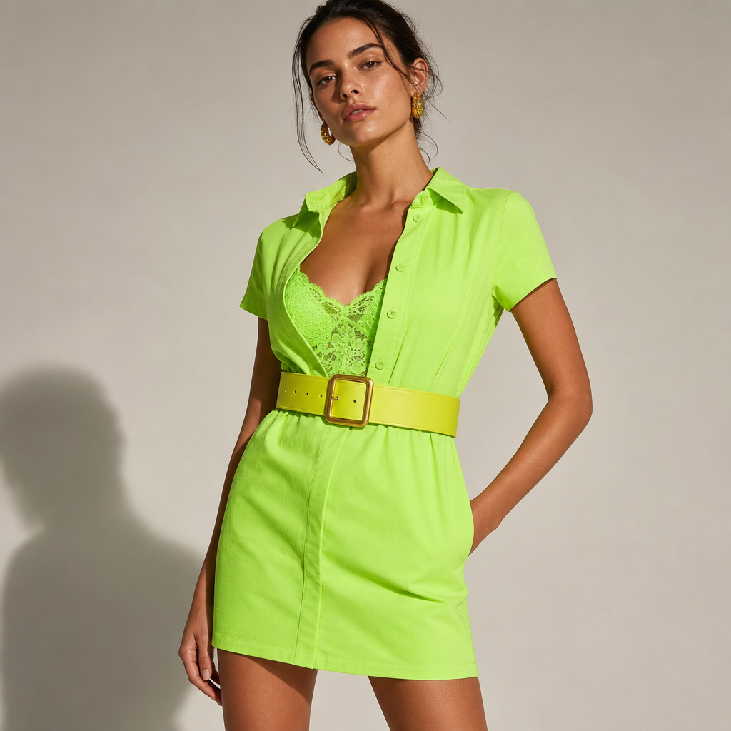 Neon green short shirt dress with neon green lace tank top with lime yellow thick belt with gold buckle.
Contemporary fashion design: Neon green lace tank top layered under a neon green short shirt dress, cinched with a lime yellow thick belt and gold buckle. Minimalist silhouette, clean lines, and a sleek fit. Cotton fabric.