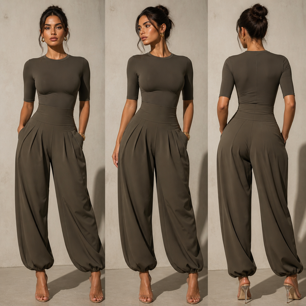 ensemble 2 pieces , t short simple kaki foncé , manche jusqu'au coude , matiere 76 % Polyamide / 24 % Élastane effet push up niveau poitrine , avec pantalon forme ballon , ceintrée en haut , de la meme couleur et la meme matiere , donne un effet de hanche un peu plus large
Dark khaki two-piece set in polyamide/elastane. Simple t-shirt, elbow-length sleeves, push-up bust. Balloon trousers, high-waisted, wide hip effect.
