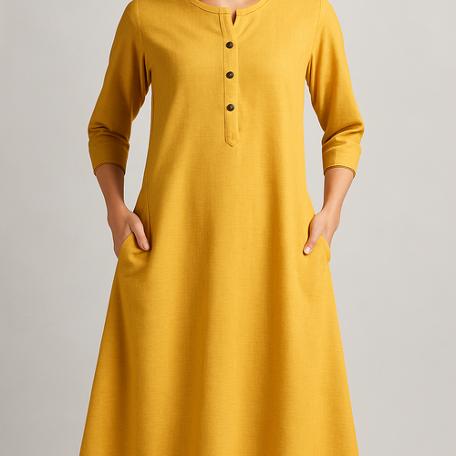 indian kurtha for women. shapely but not too tight. cotton blend. yellowish color fabric. 2 side pockets.